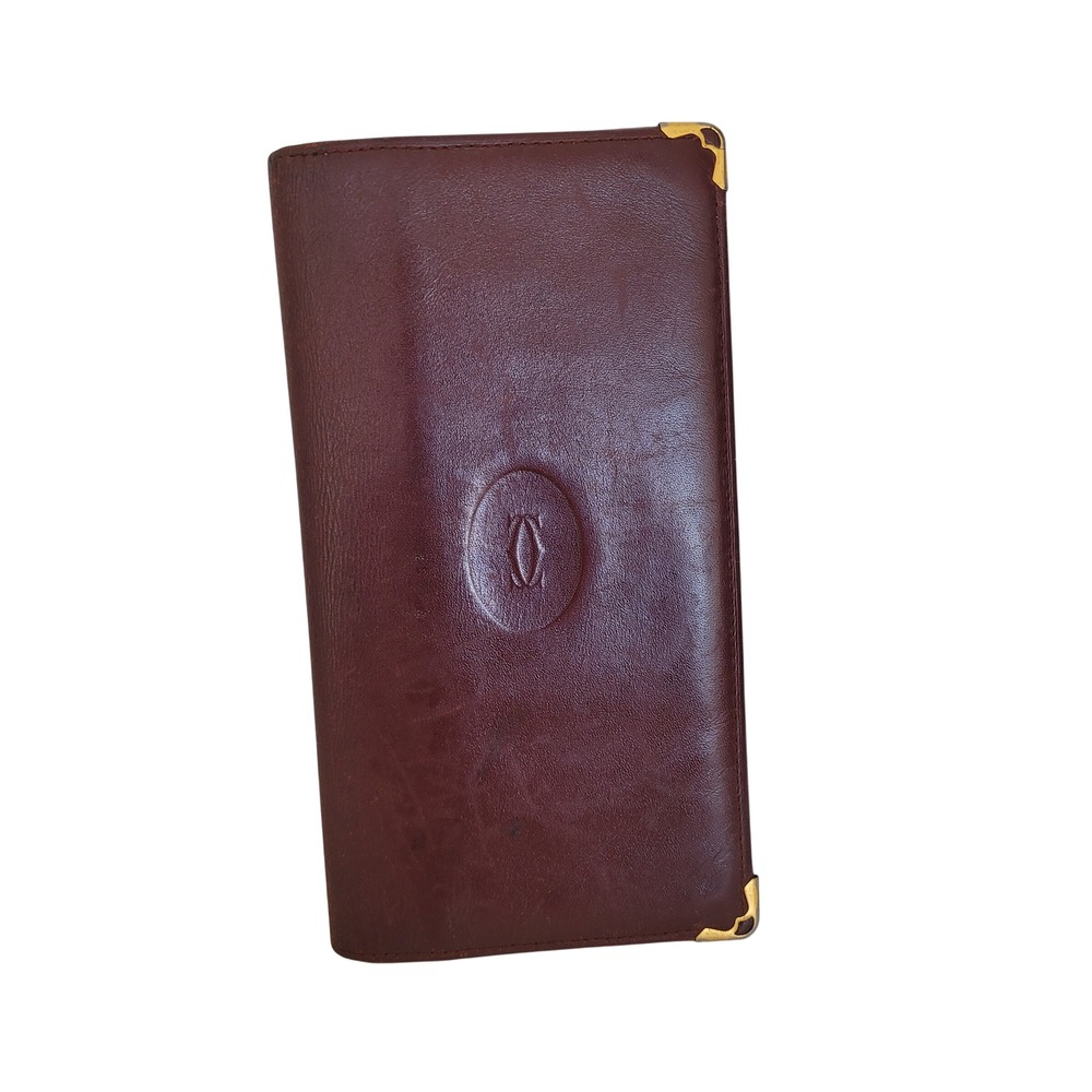 Cartier Must de Cartier Burgundy Leather Long Wallet Gold Corners France Vintage